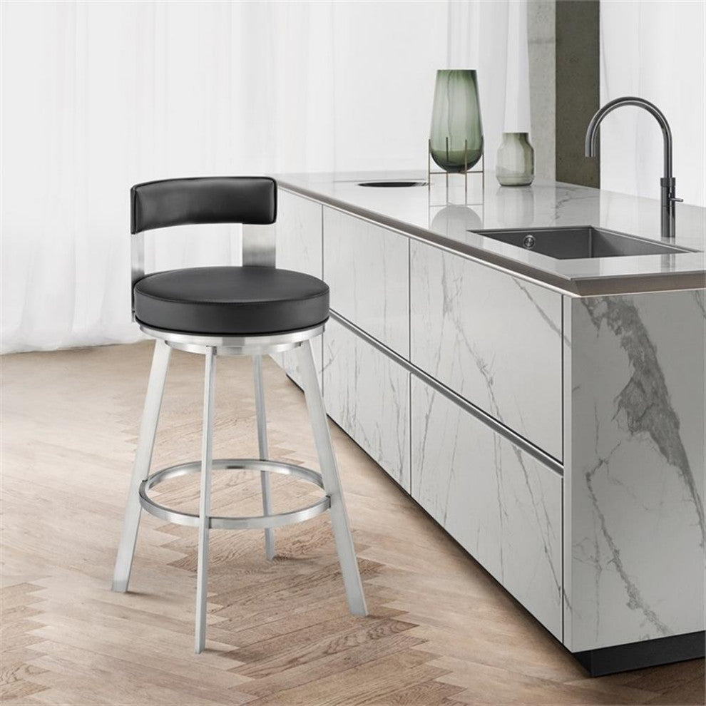 Armen Living Lynof 30" Swivel Faux Leather/Metal Bar Stool in Black/Chrome