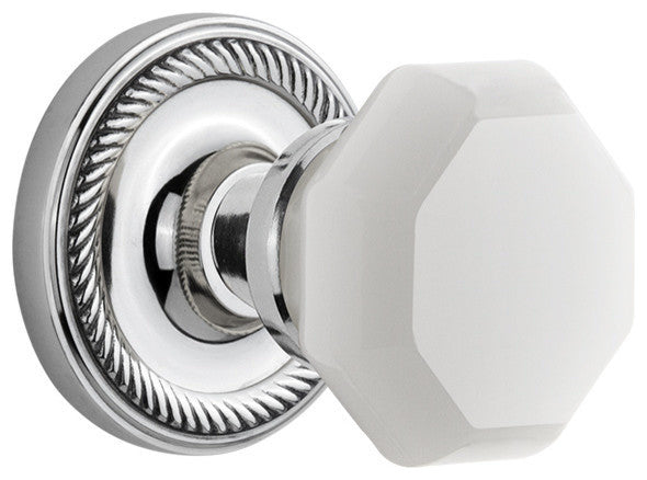 Rope Rosette Passage Waldorf White Milk Glass Knob, Bright Chrome