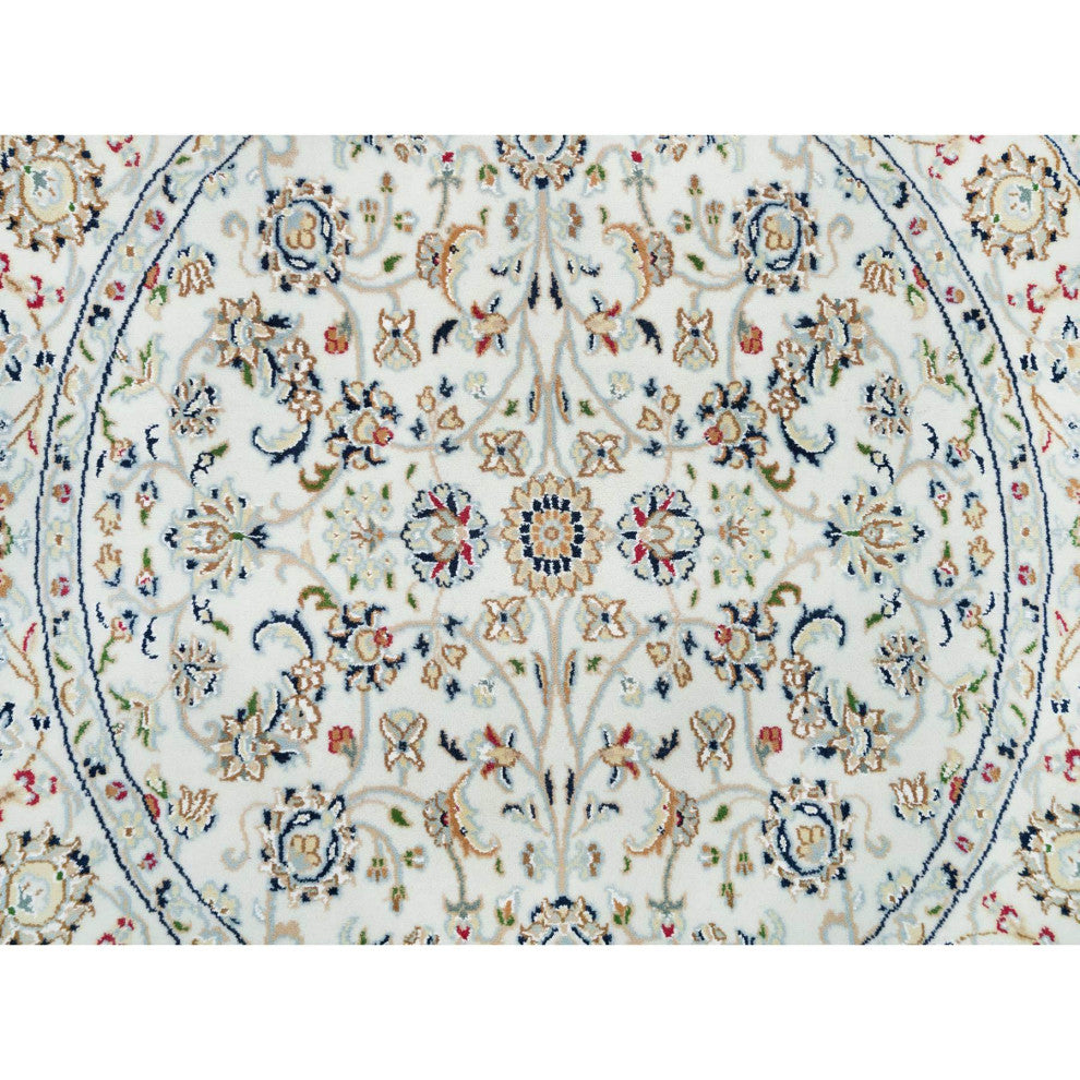 Powder White, Hand Knotted, Nain Design, 250 KPSI Wool Round Rug, 4'1"x4'1"