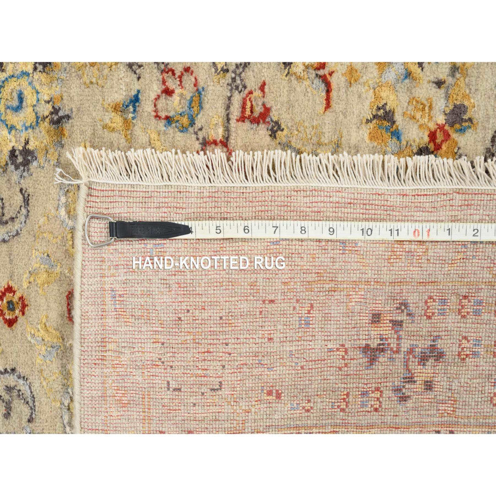 Beige, Hand Knotted, THE SUNSET ROSETTES Wool and Pure Silk, Rug, 5'3" x 7'0"