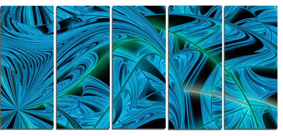 Blue Winter Fractal Pattern, Abstract Art on Canvas, 60"x28", 5 Panels