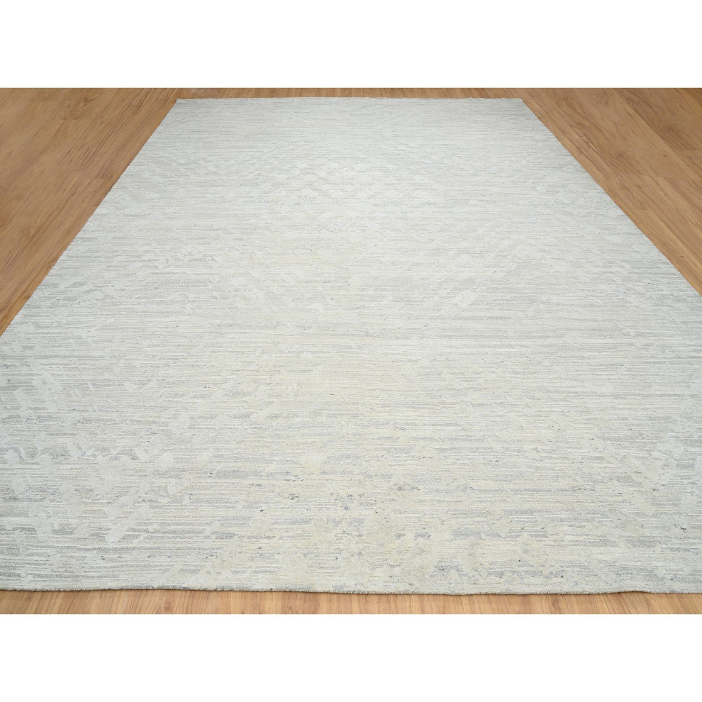 Light Gray Hand Knotted Modern Design Natural Wool Oversized Rug, 14'1"x18'0"