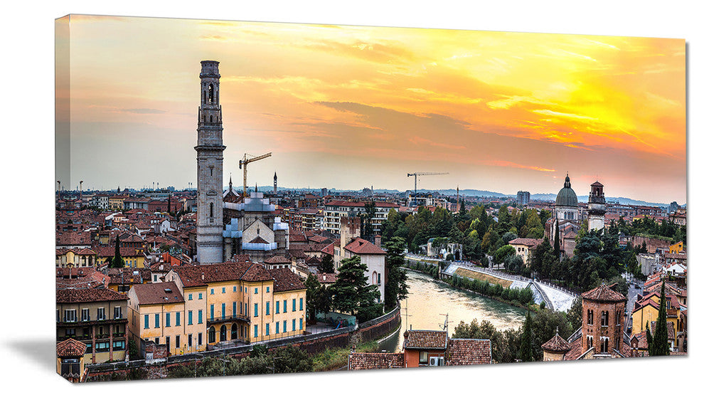 Verona at Sunset in Italy, Cityscape Canvas Art Print, 32"x16"