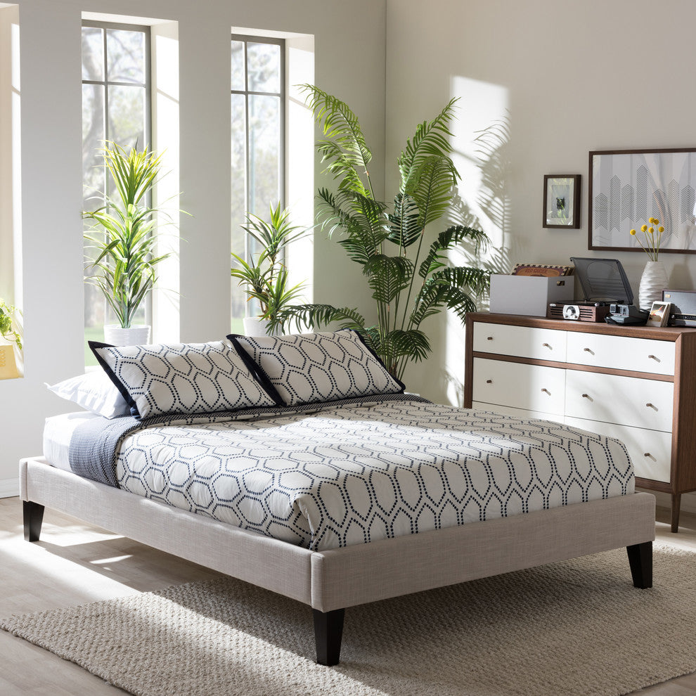Beige Linen Fabric Upholstered Queen Size Bed Frame With Tapered Legs