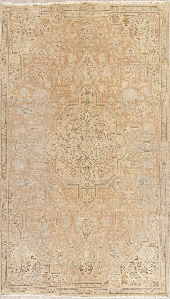 Consigned, Handmade Persian Worn Oriental Faded Vintage Area Rug, Brown, 5'x9'