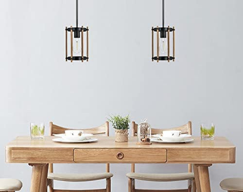 Simplicity Farmhouse Pendant Light, Black, Cage, Wood