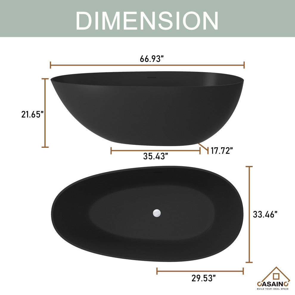 67in Solid Surface Freestanding Bathtub in Matte Black, Matte Black