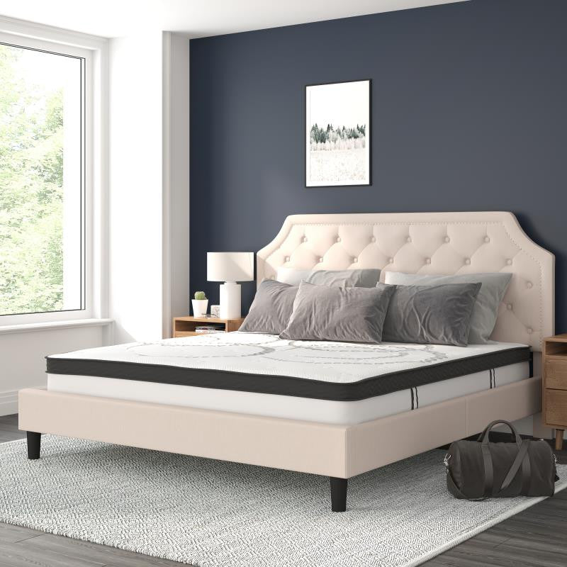 Roxbury Upholstered Platform Bed -10 Inch Foam & Pocket Spring Mattress, Beige With Nail Trim, King
