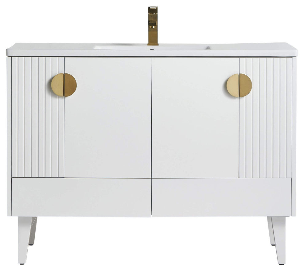 Venezian Single Bathroom Vanity, White, 48", Satin Brass Handles, One Sink