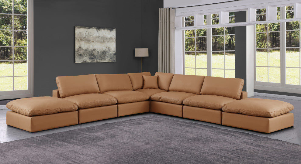Comfy Upholstered L-Shaped Modular Sectional, Cognac, 7-Piece: 4 Armless Chair, 1 Corner Chair, 2 Ottoman, Vegan Leather