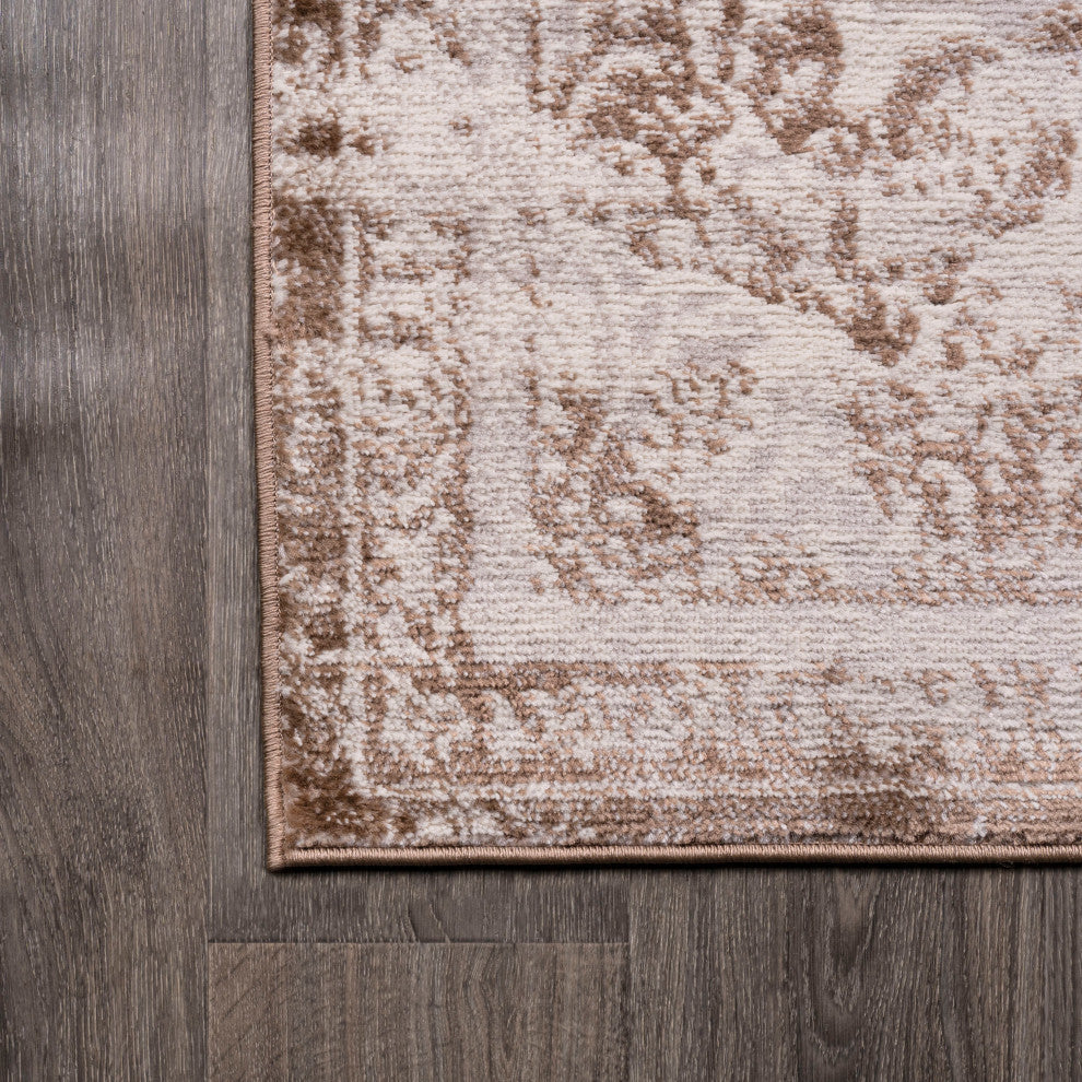 Alhambra Ornate Medallion Modern Runner Rug, Brown/Cream, 2'x10'