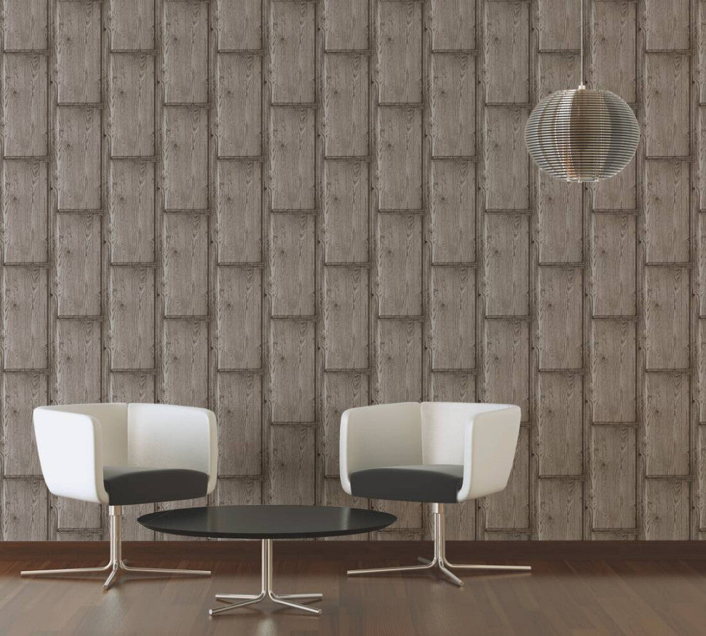 Loft Textured Wallpaper Featuring Rustic Wood, Brown Gray, One Roll