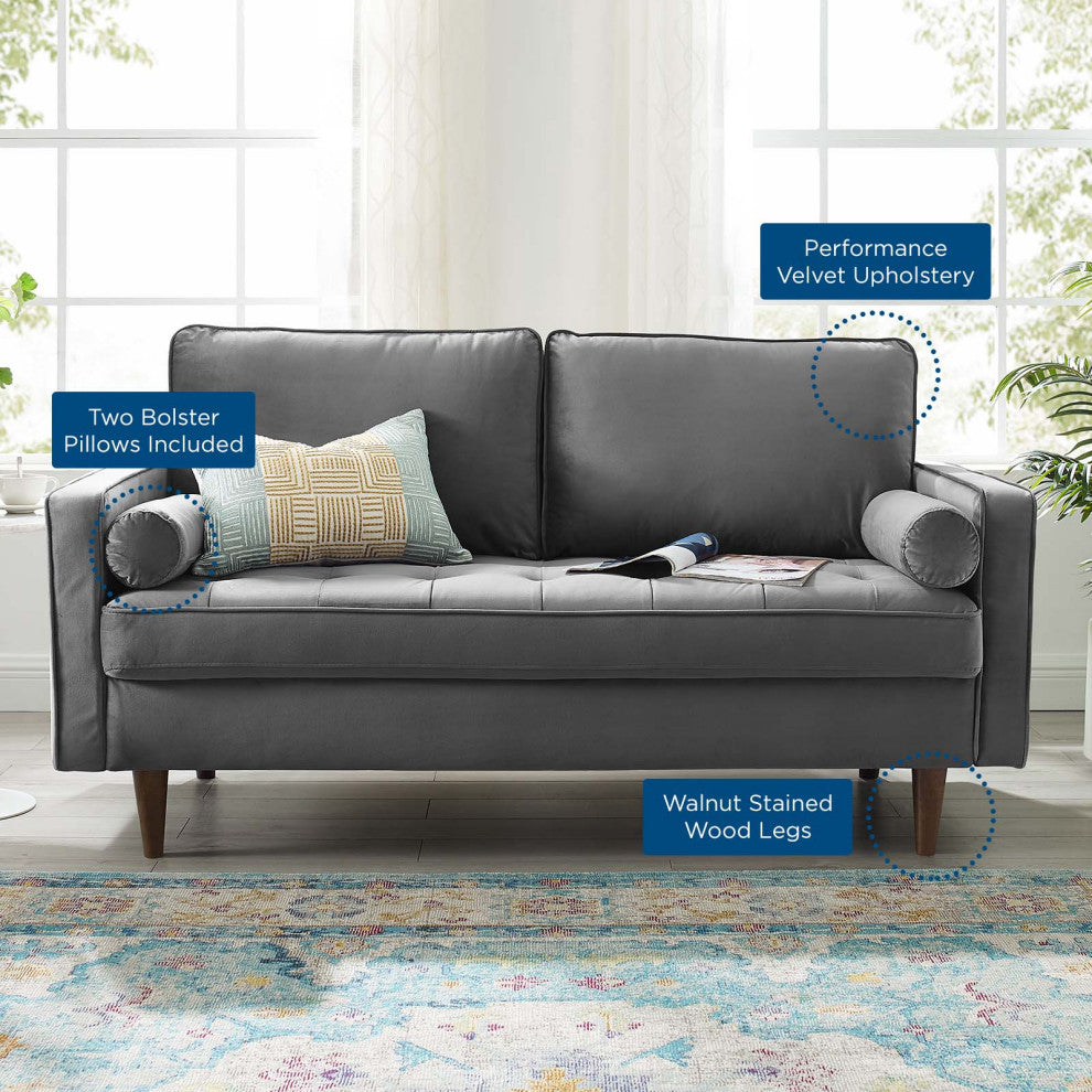 Loveseat Sofa, Velvet, Gray, Modern, Living Lounge Hotel Lobby Hospitality