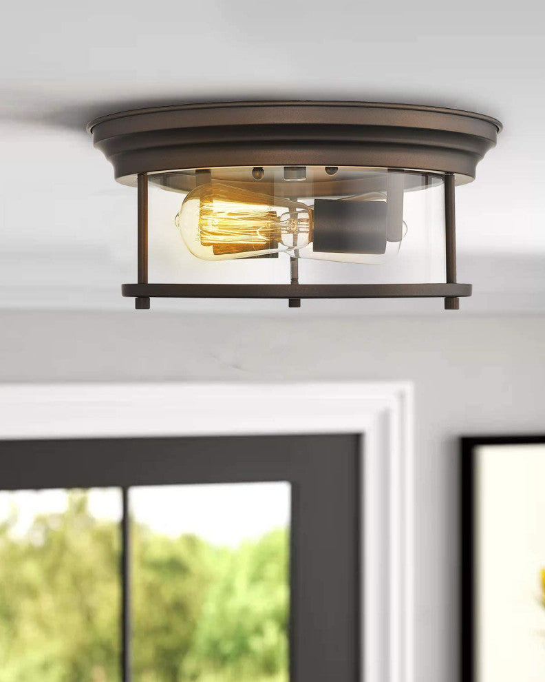 2 Light Ceiling Light Fixture, Indoor, Glass Ceiling Lamp With Bronze Finish