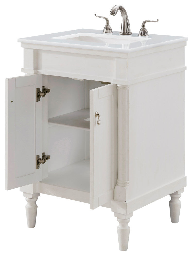 24" Single Bathroom Vanity, Antique White With Ivory White Engineered Marble