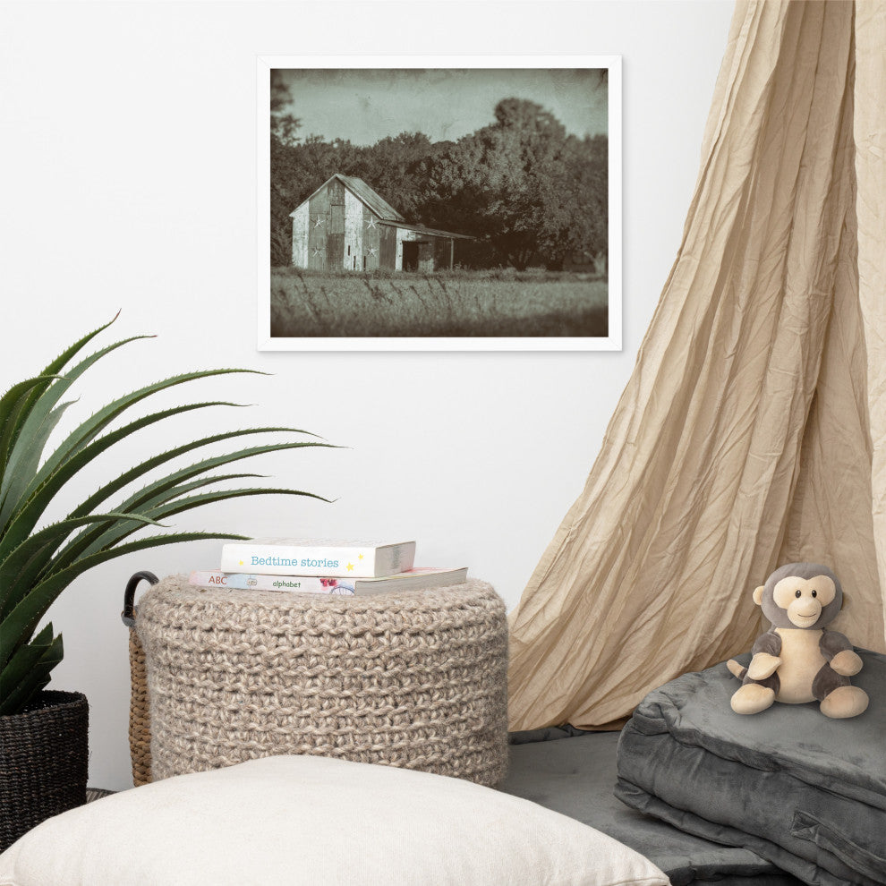 Patriotic Barn in Field Vintage Black and White Framed Photo Wall Art Print, White, 16" X 20"