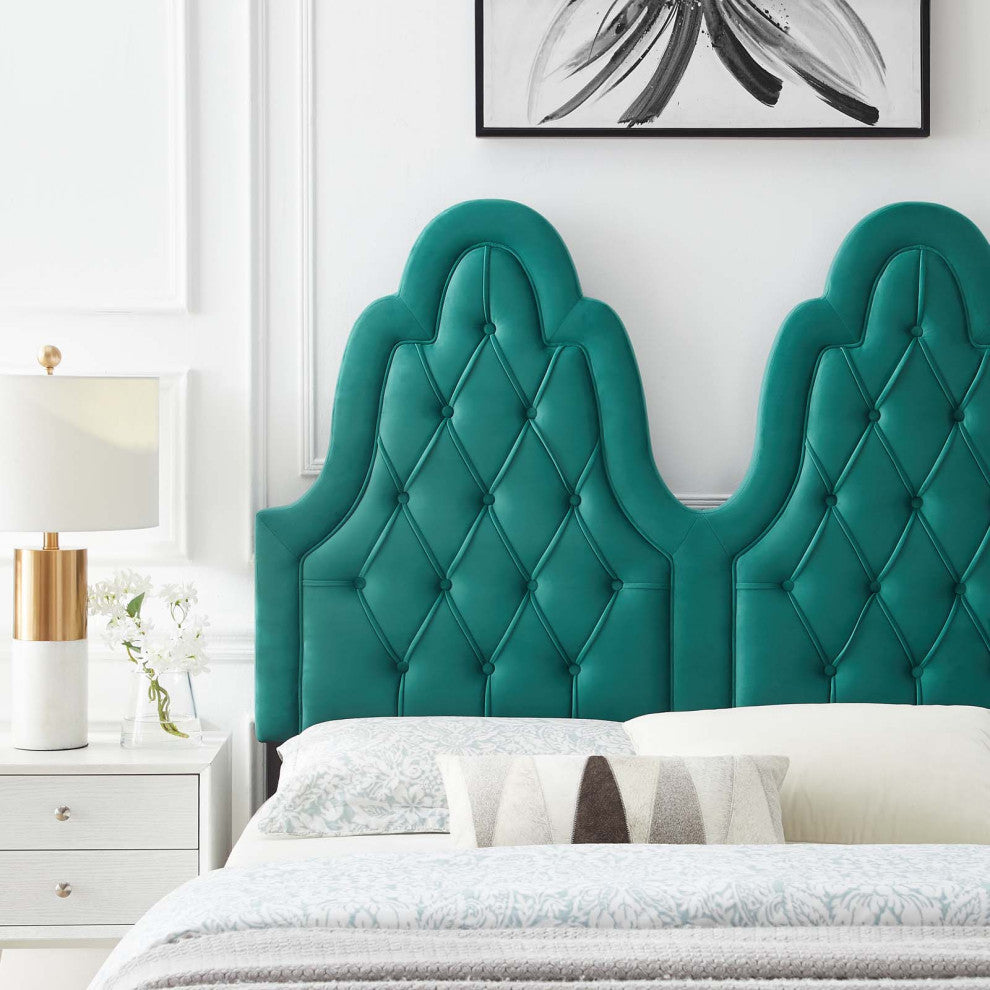 Tufted Headboard, King Size, Velvet, Teal Blue, Modern Contemporary, Bedroom