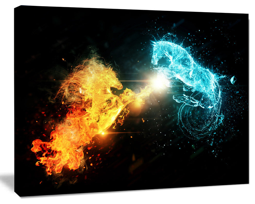 Fire and Water Abstract Horses, Animal Canvas Art Print, 20"x12"