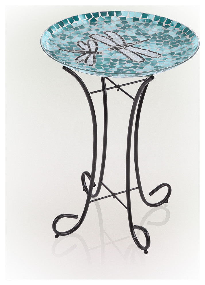 24" Tall Outdoor Mosaic Dragonfly Glass Birdbath Bowl with Metal Stand