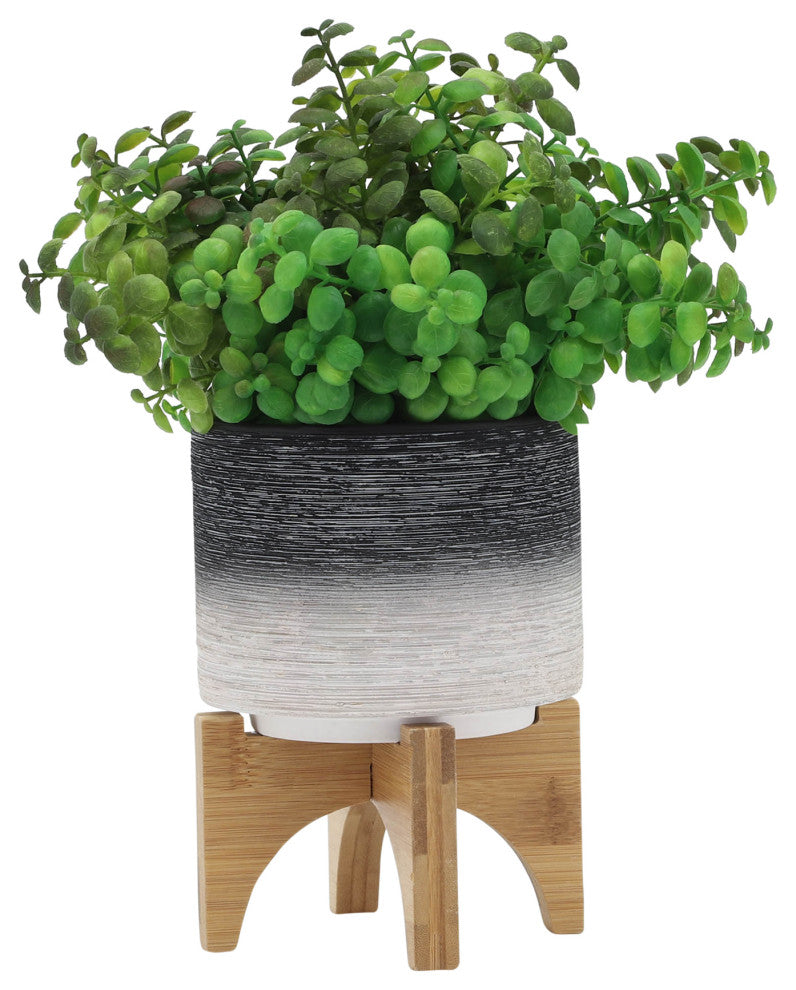 Ceramic 5" Planter On Wooden Stand, Gray