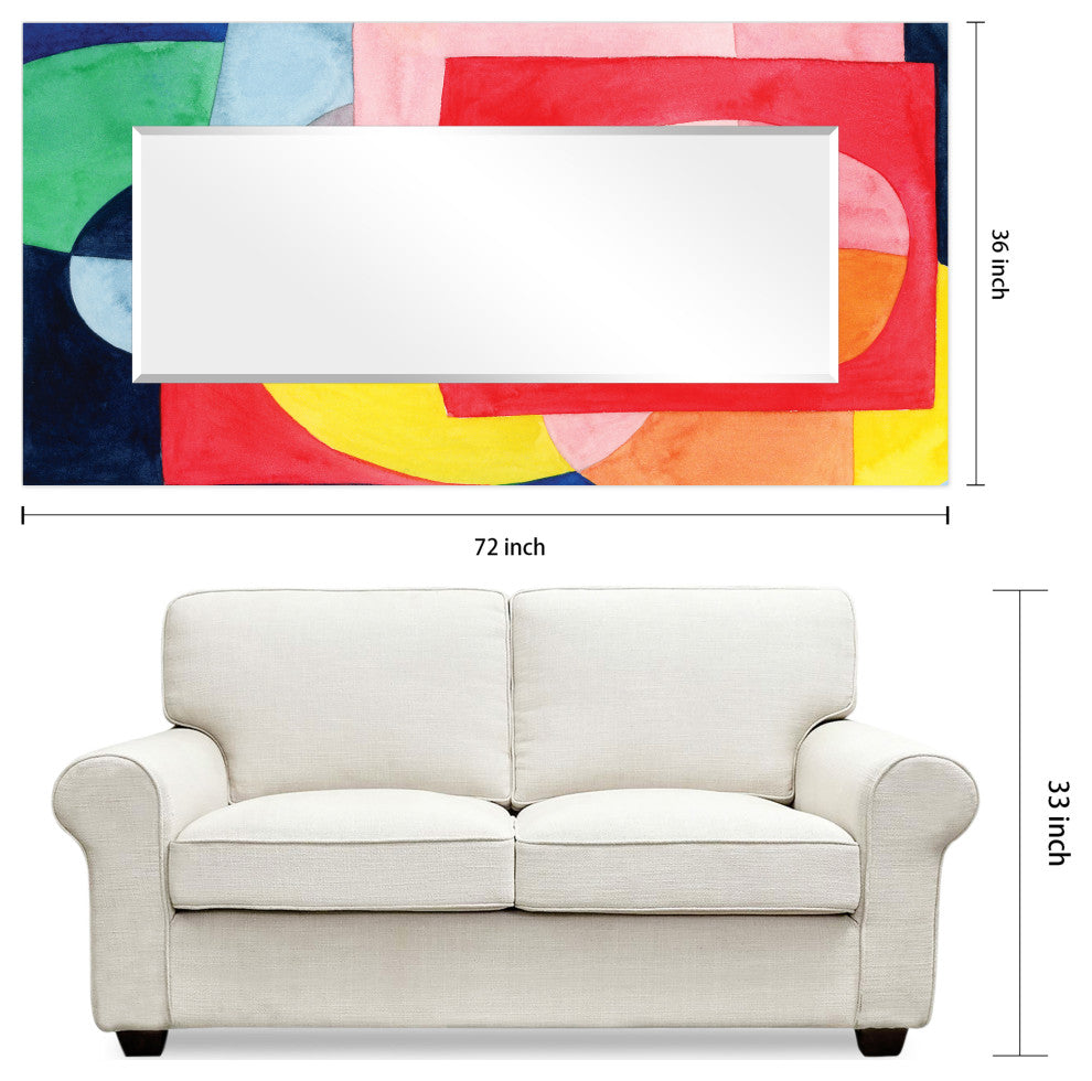 Abstract Rectangular Beveled Wall Mirror on Free Floating Printed Tempered Glass