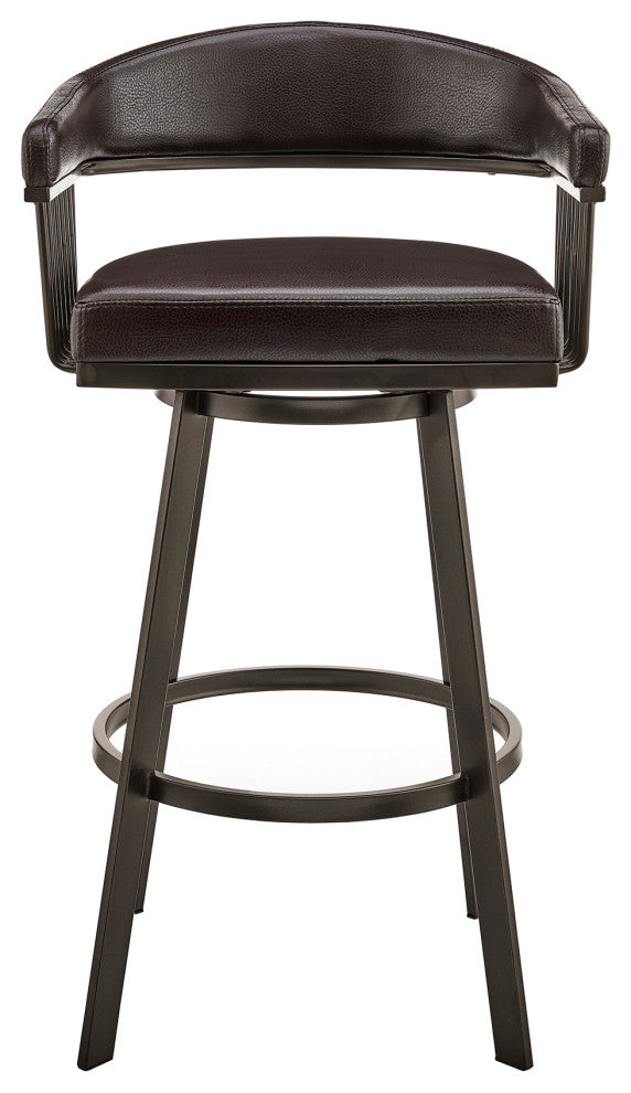 Benzara BM270140 Swivel Barstool With Open Metal Frame and Slatted Arms, Brown