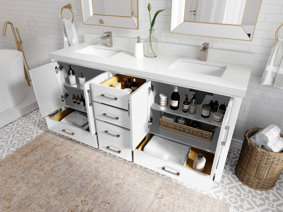 Malibu 72 Double Sink Bath Vanity in White  2" Carrara Quartz