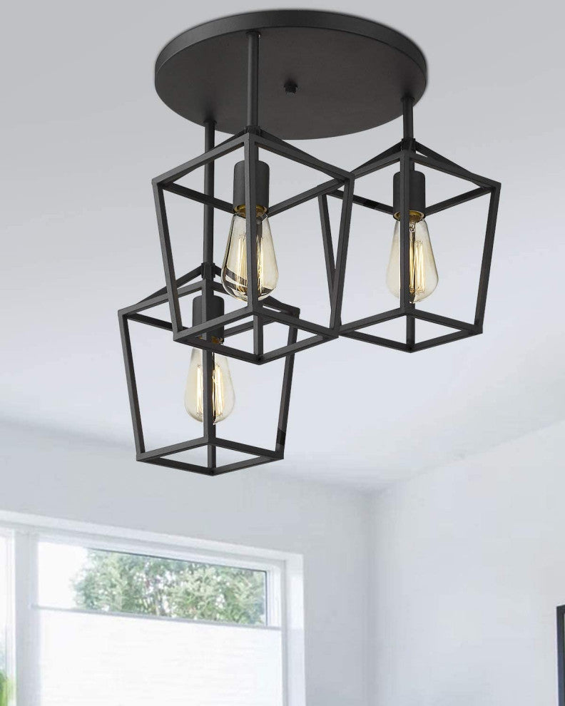 3 Light Black Ceiling Light, Metal Cage, Semi Flush Mount Light Fixture