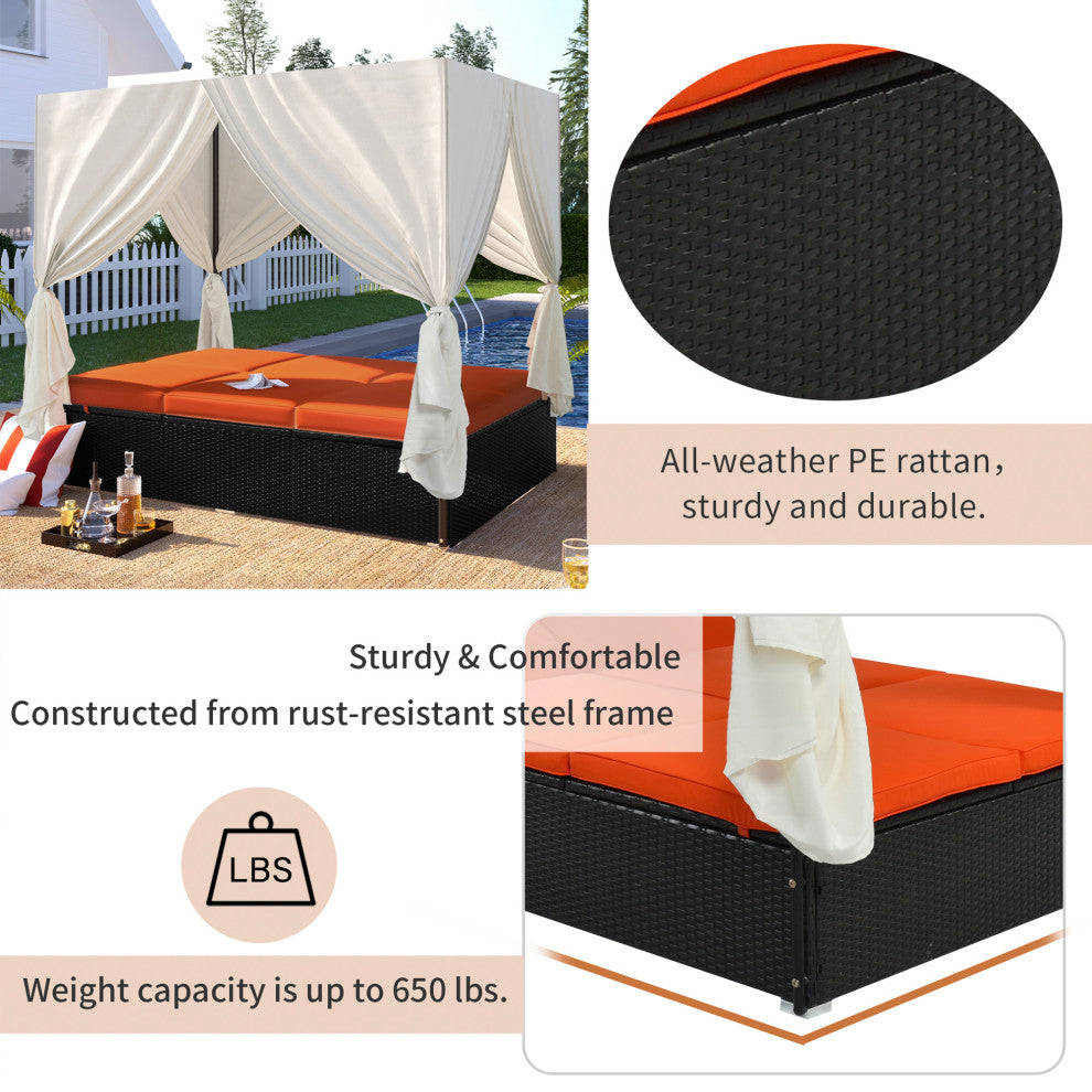 2-Piece Outdoor Wicker Patio Sunbed Daybed With Cushions And Adjustable Seats, Black Orange