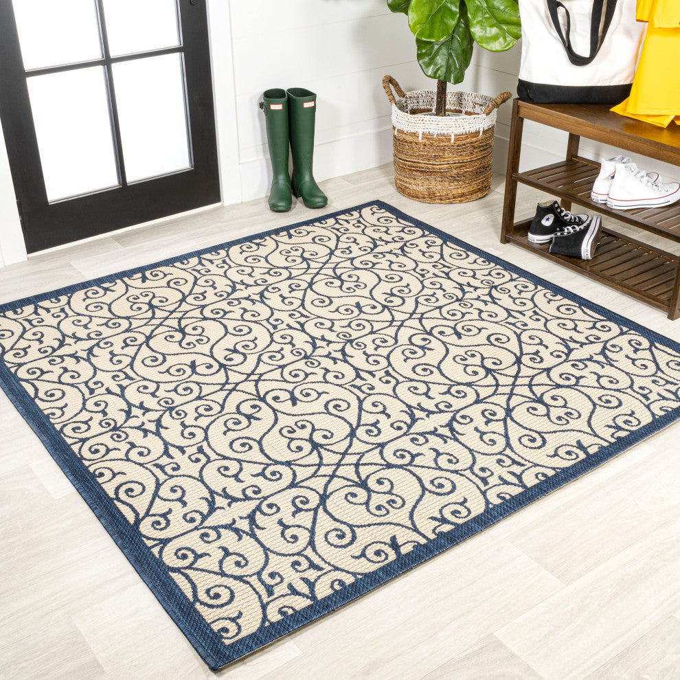 Madrid Vintage Filigree Textured Weave Indoor/Outdoor, Navy/Beige, 5' Square