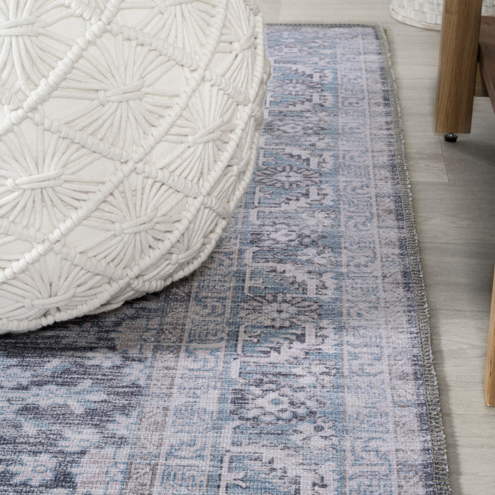 Wincer Chenille Cottage Medallion Washable Rug, Gray/Blue/White, 8 X 10