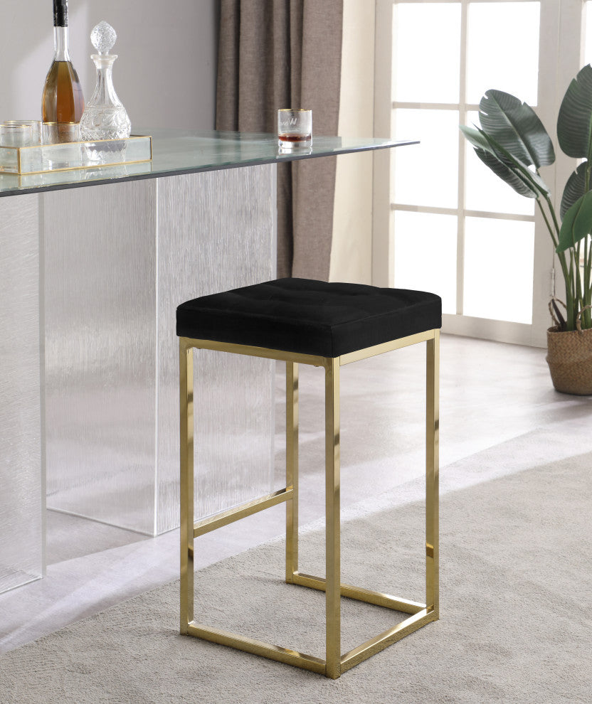 Nicola Counter Stool, Set of 2, Black, Velvet, Gold Base