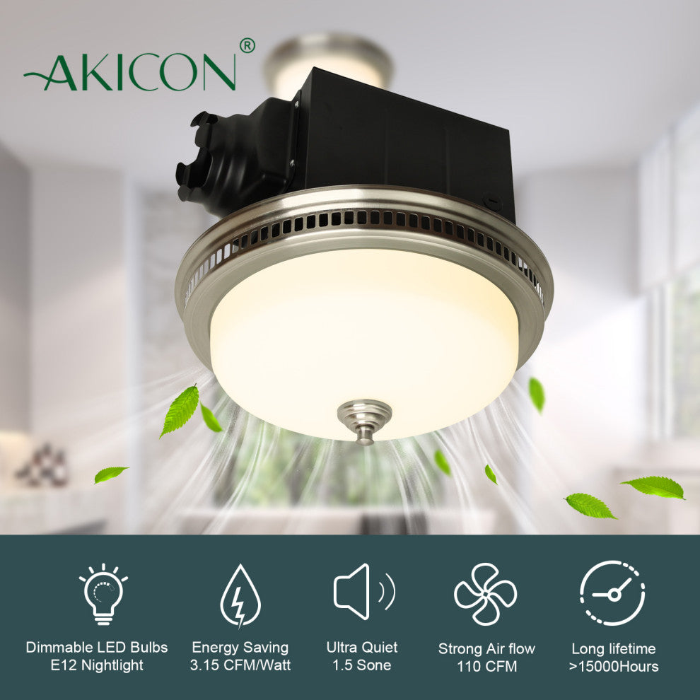 Bathroom Exhaust Fan WithLED Light and Nightlight 110CFM 1.5 Sone Brushed Nickel