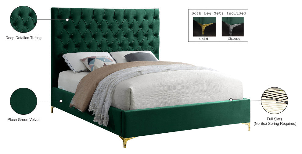 Cruz Velvet Upholstered Bed, Green, King