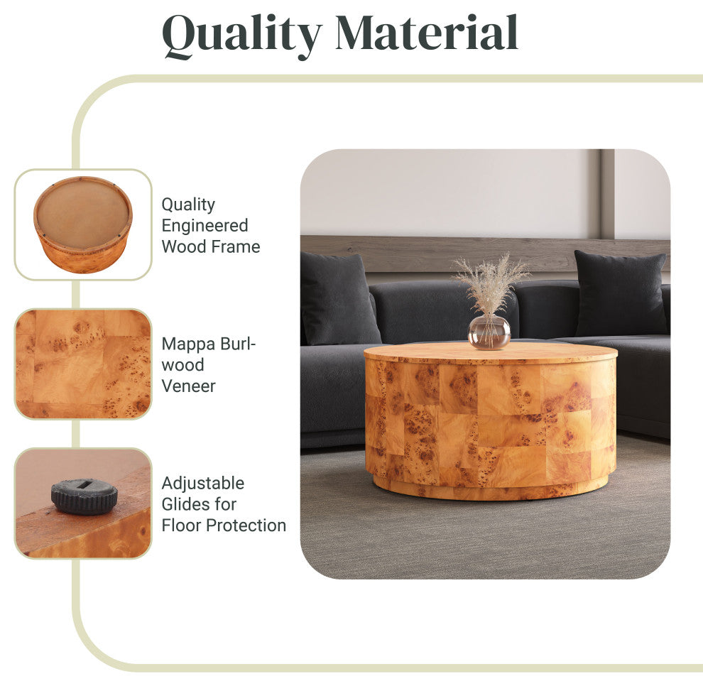 Arsenio Burl Wood Round Table, Golden Brown Burl, Coffee Table