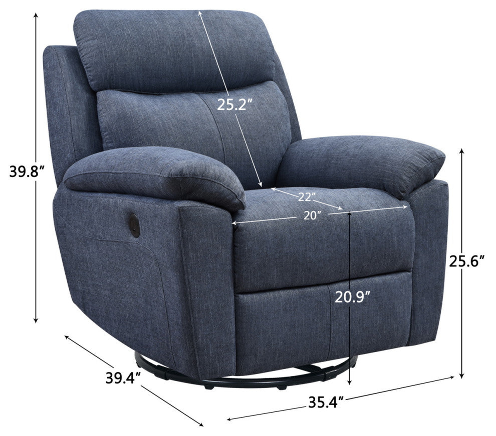 35" Blue Fabric Power Recliner With USB