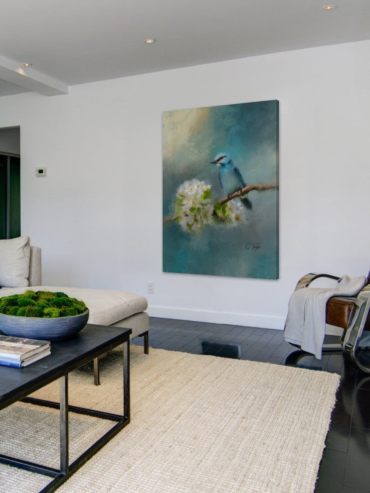 "Blue Song Bird" Painting Print on Wrapped Canvas, 12"x18"