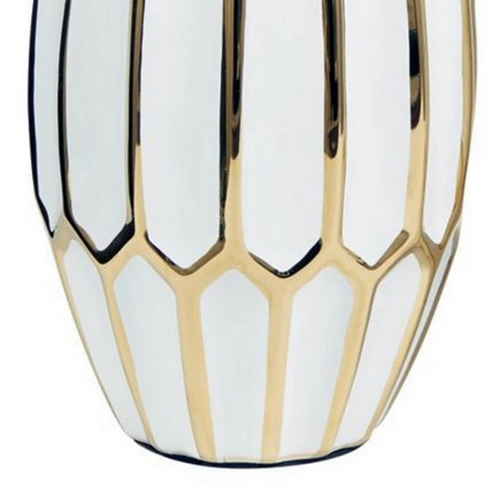 Benzara BM246946 Vase With Honeycomb Geometric Design, 2-Piece Set, White/Gold