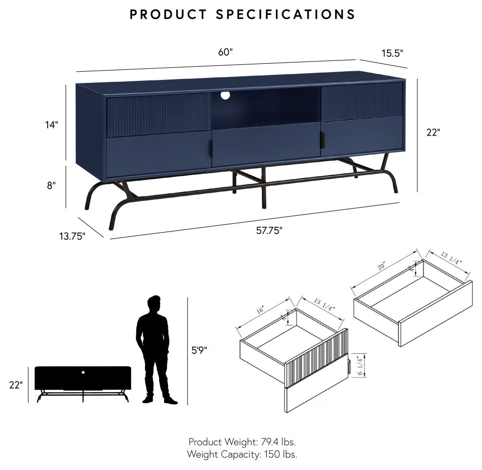 Danel TV Stand Fits TV's Up to 65", 3-Drawers, Textured Panels, Blue