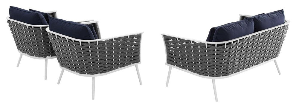 Stance 3 Piece Outdoor Patio Aluminum Sectional Sofa Set, White Navy
