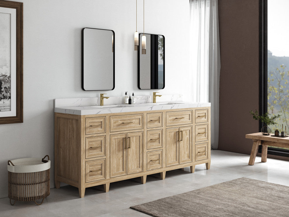 Santa Monica 84 Double Sink Bath Vanity in Whitewashed Teak 2" White Quartz
