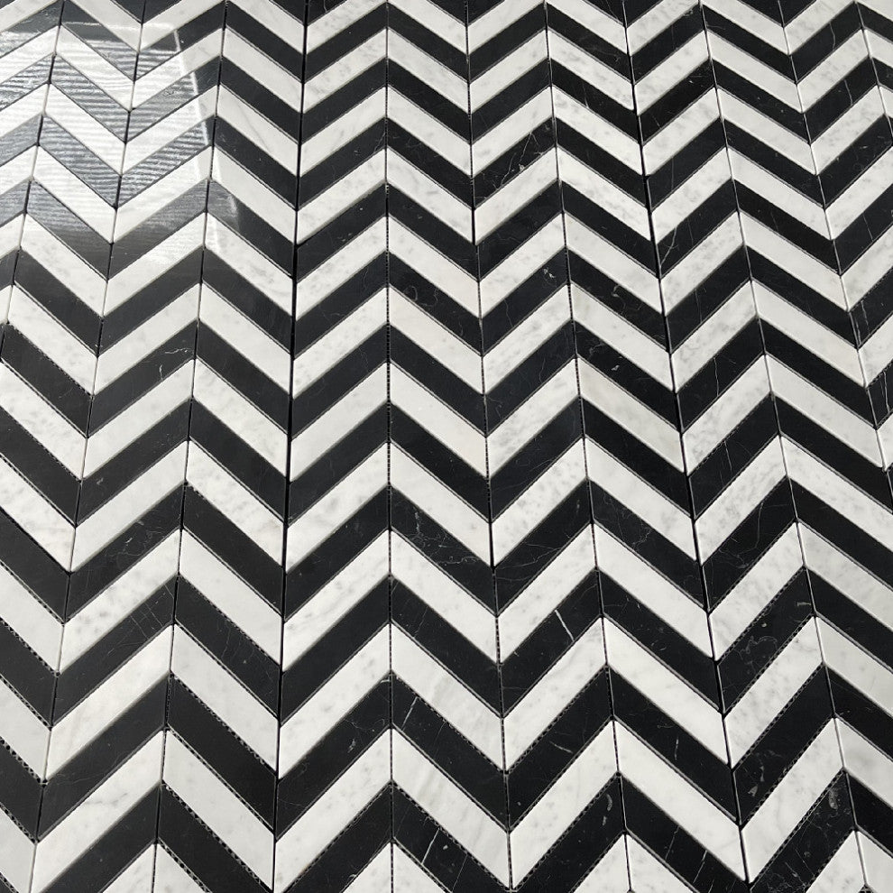 Carrara White & Nero Marquina Marble 1x4 Chevron Mosaic Tile Polished, 1 sheet