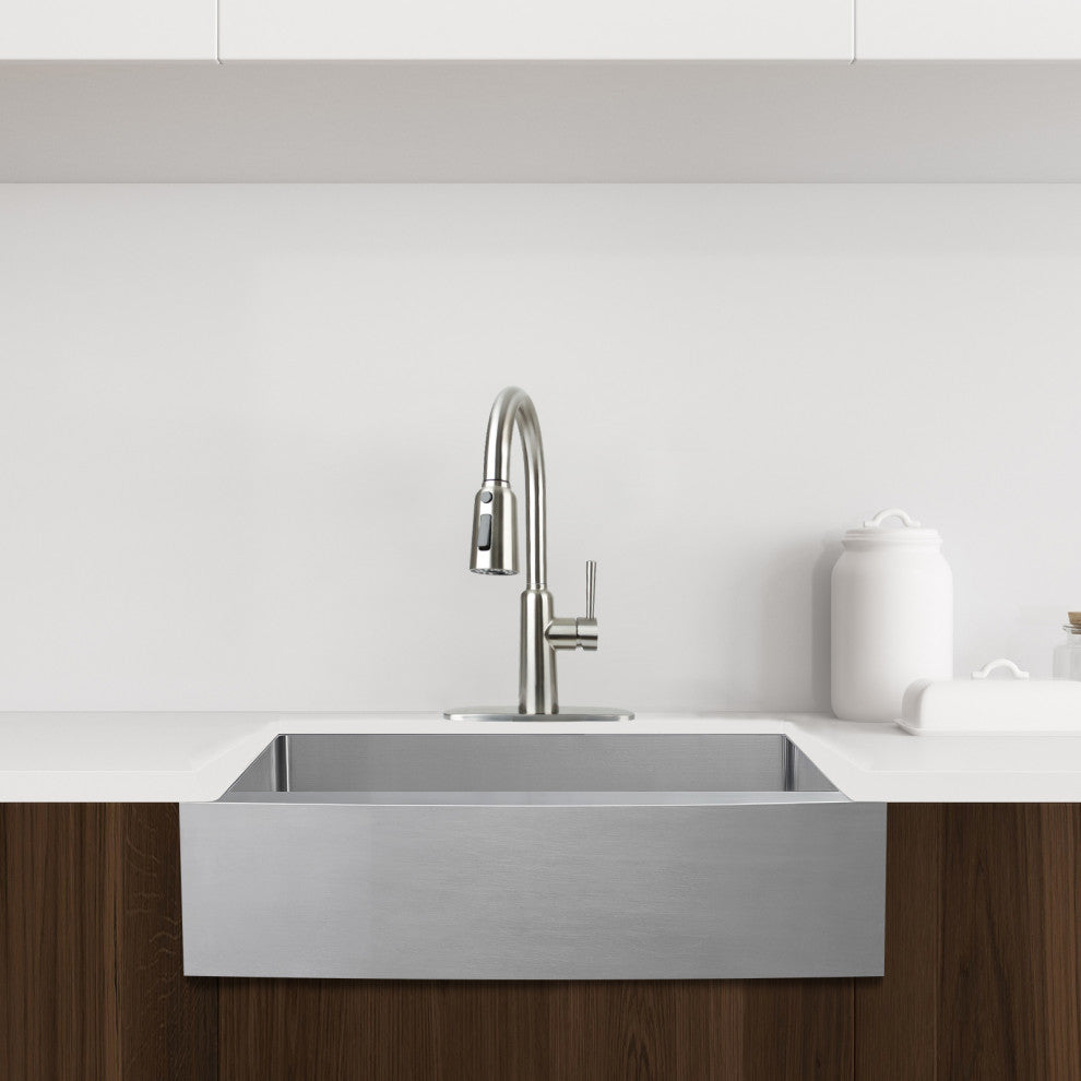 33" Farmhouse Kitchen Sink and Faucet Combo, Drain  Strainer, Protective Grid