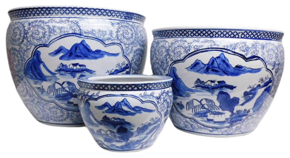 Blue and White Asian Porcelain Garden Pot Painted Landscape, 10