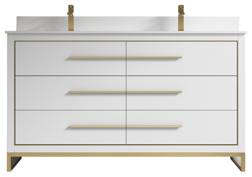 Alma Kathyia Freestanding Bath Vanity, Gold Hardware, 60" Double Sink