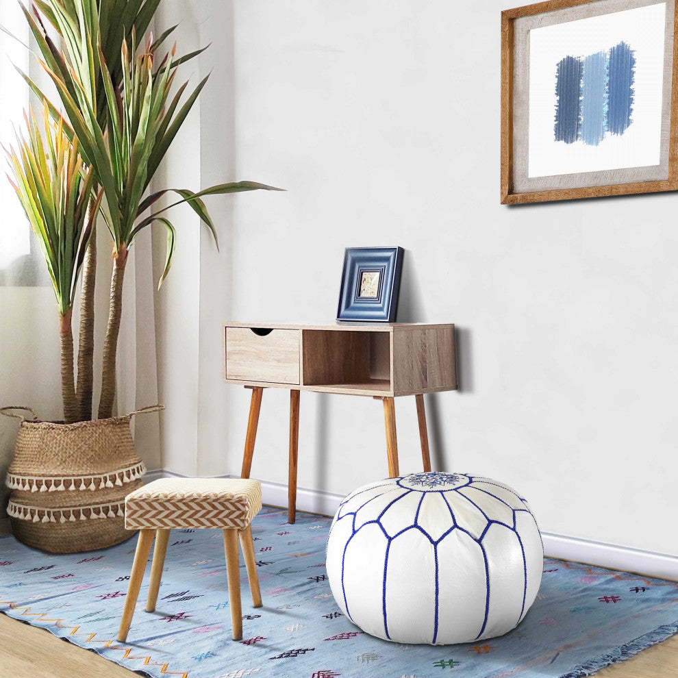 4 Colors Handmade Moroccan Ottoman, Genuine Leather White Poufs, White & Blue