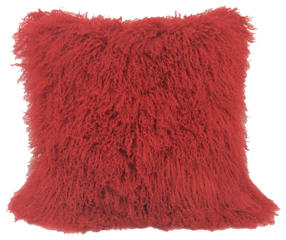 HomeRoots 20" Red Genuine Tibetan Lamb Fur Pillow With Microsuede Backing