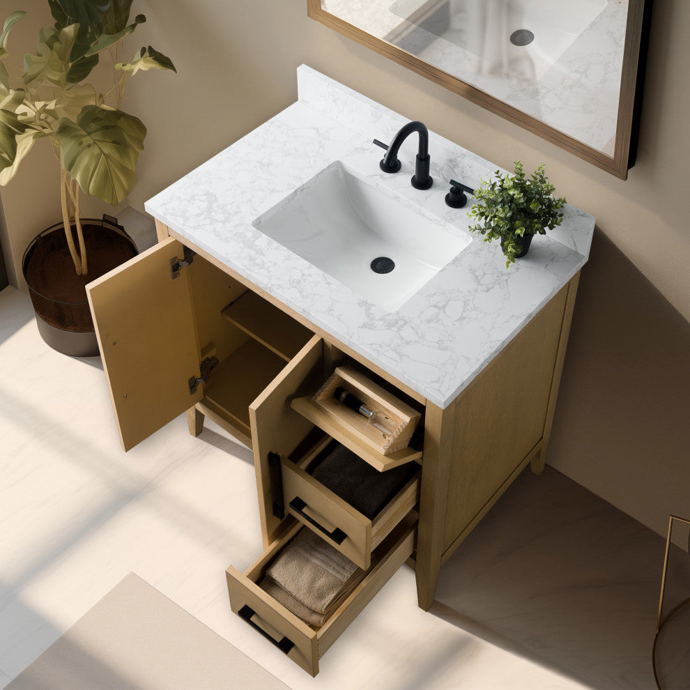 Vanity Art Bathroom Vanity With Sink, Natural Oak, 36", Single Sink, Matte Black