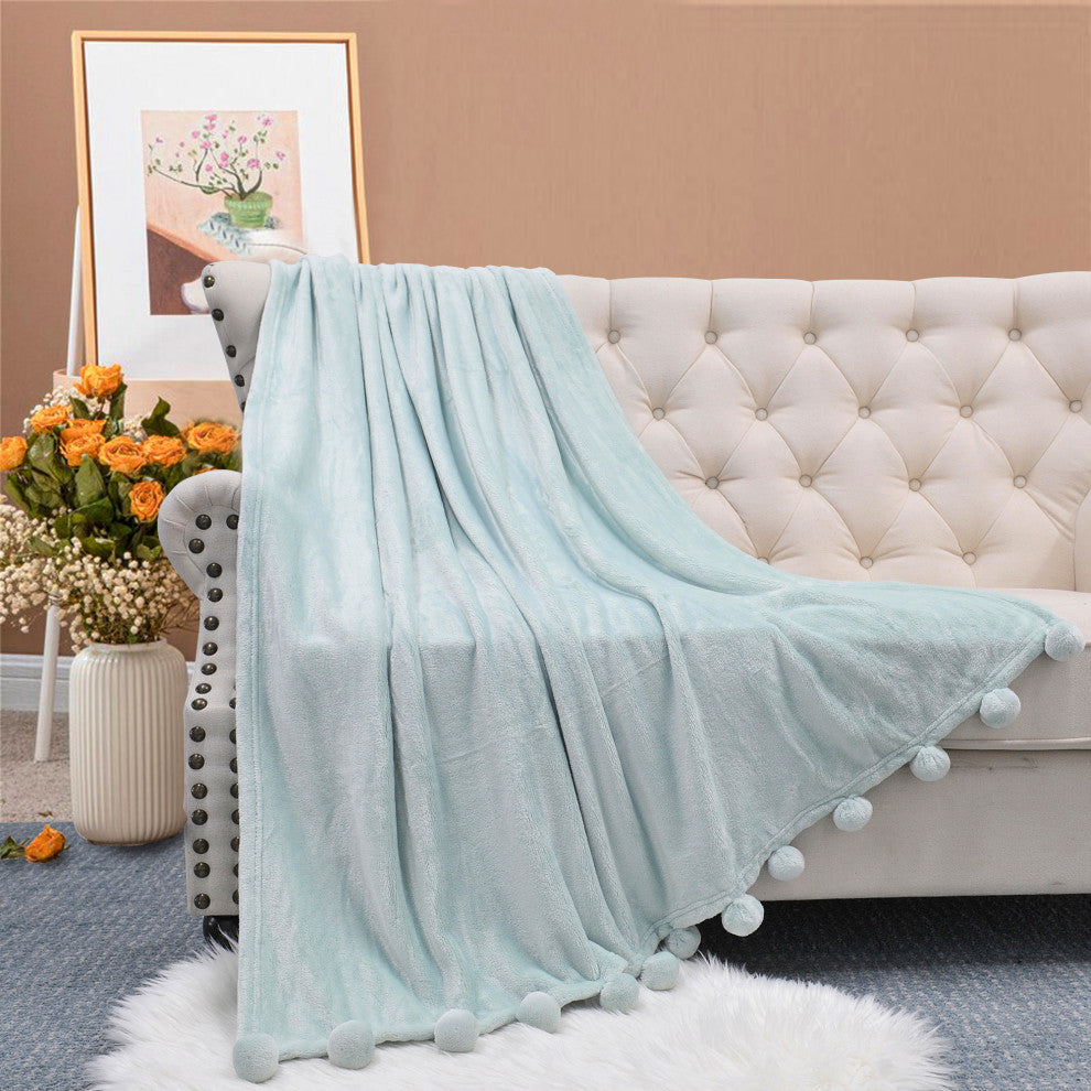 Pom Pom Flannel Fleece Throw Blanket, Harbor Grey, 50" X 60"