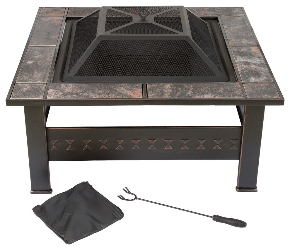 Pure Garden Square Tile Fire Pit With Cover, Bronze Finish, 32"